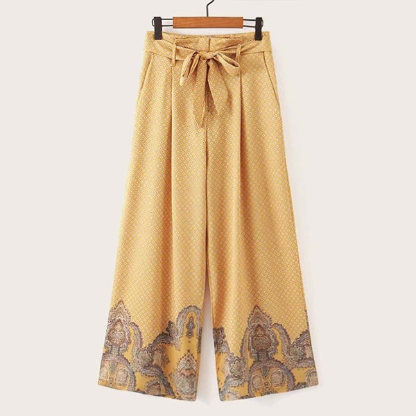 

Wide Leg Tribal Print Self Tie Pants