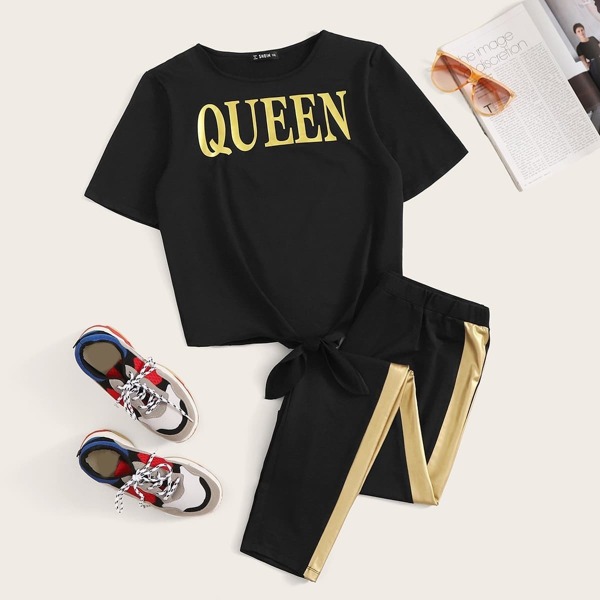 

Plus Letter Print Tie Hem Top & Striped Side Pants Set