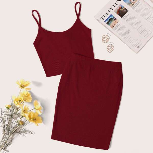 

Solid Rib-knit Cami Top & Skirt Set, Burgundy