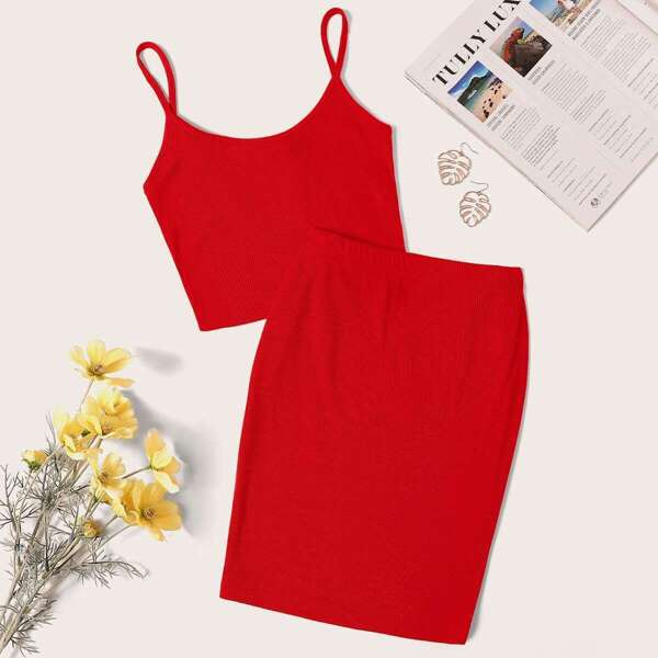 

Rib-knit Cami Top & Pencil Skirt Set, Red bright