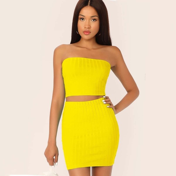 

Rib-knit Tube Crop Top & Bodycon Skirt Set, Yellow bright