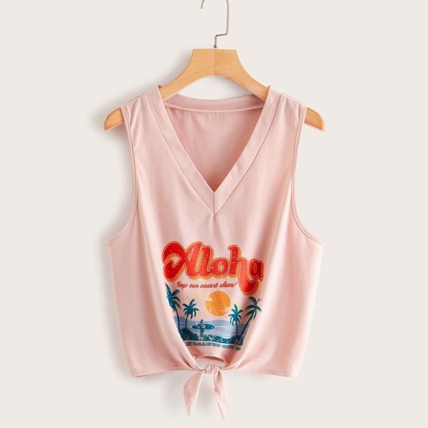 

Tropical & Letter Print Tie Front Tank Top