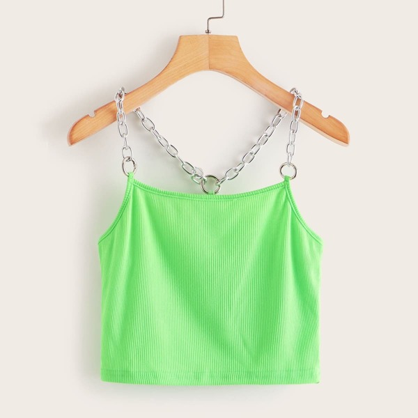 

Neon Lime Chain Straps Rib-Knit Top, Green bright