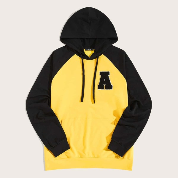 

Men Raglan Sleeve Patched Hoodie, Yellow bright