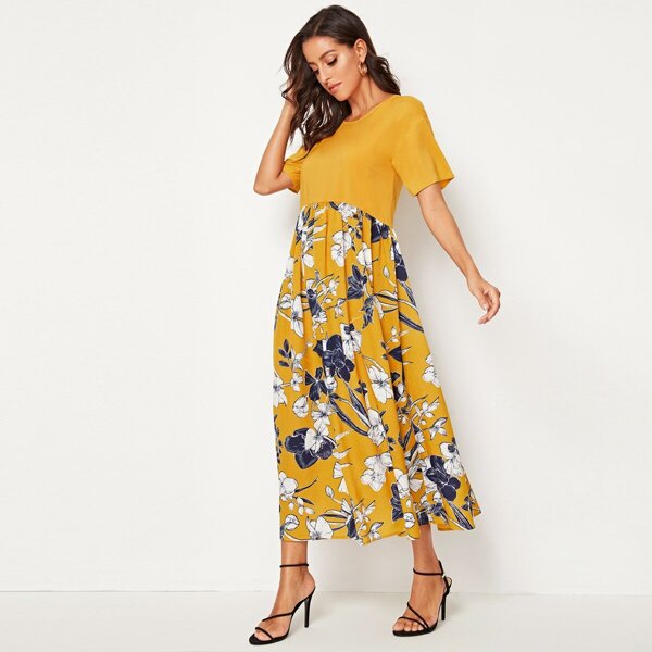 

Floral Print Fit & Flare Dress, Yellow bright