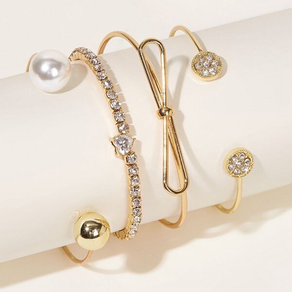 

Bow Knot & Rhinestone Engraved Heart Bracelet 4pcs, Gold