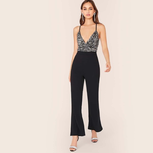 

Crisscross Backless Sequins Bodice Flare Leg Slip Jumpsuit, Black