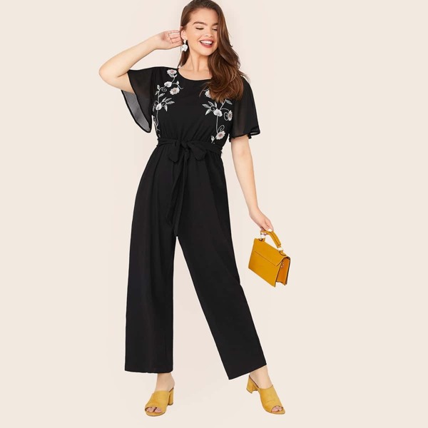 

Plus Embroidery Front Self Belted Wide Leg Jumpsuit, Black