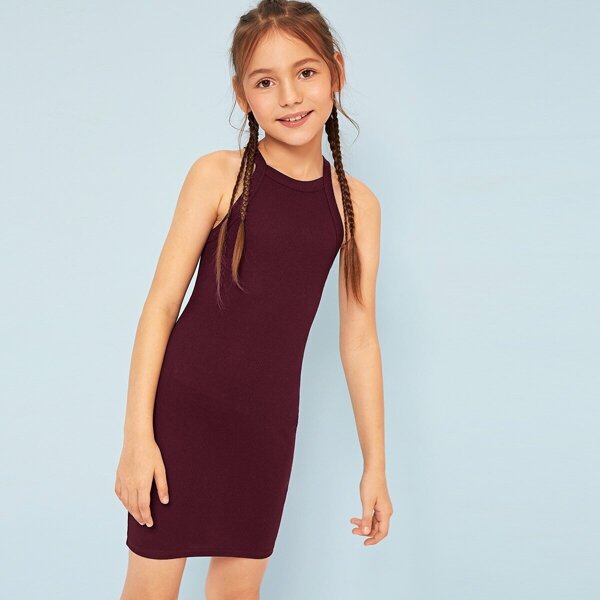 

Girls Solid Rib-knit Halter Bodycon Dress, Burgundy