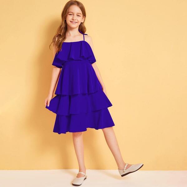 

Girls Self Tie Shoulder Layered Ruffle Trim Dress, Blue
