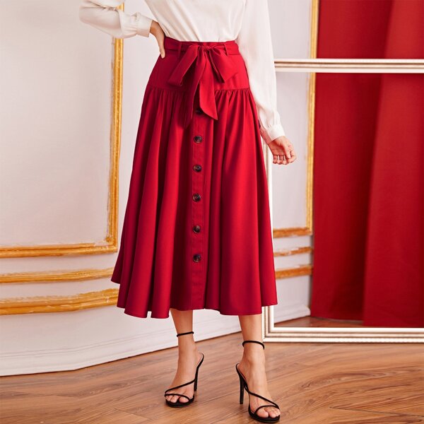 

Button Front Belted Flare Skirt