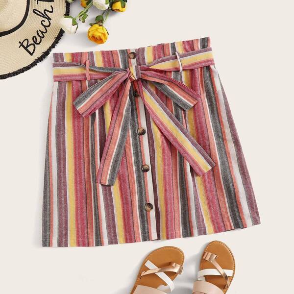 

Plus Button Up Colorful Striped Belted Skirt, Multicolor
