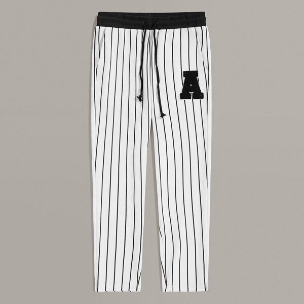 

Men Drawstring Waist Patched Striped Pants, White