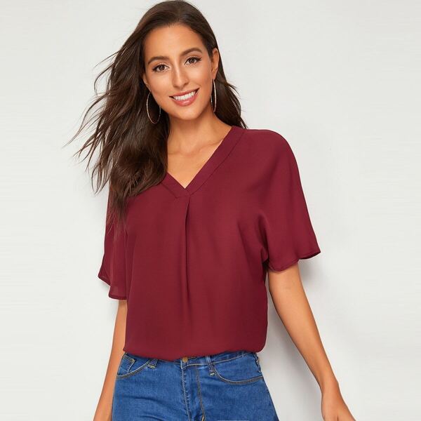 

Notch Neck Batwing Sleeve Top, Burgundy