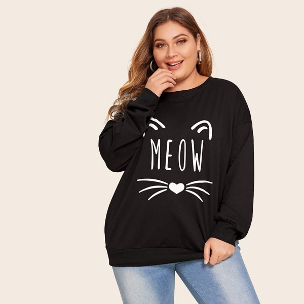

Plus Letter & Cat Print Sweatshirt