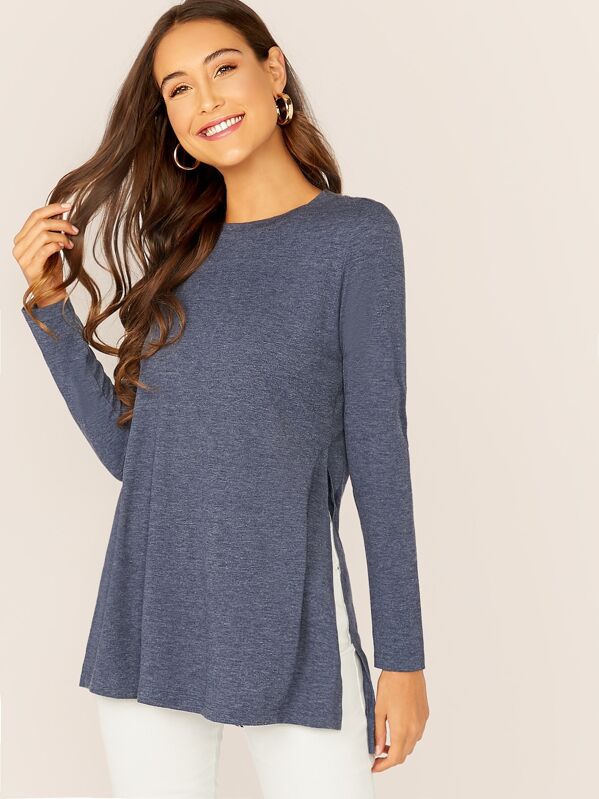 

Split Side Stepped Hem Heather Knit Tee, Navy, Anna Herrin