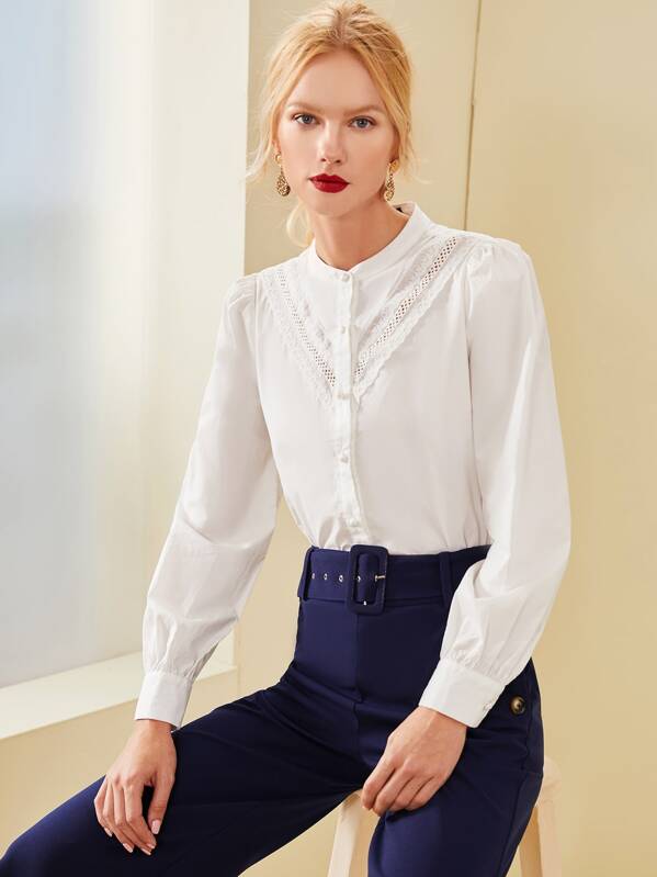 

Stand Collar Embroidered Eyelet Detail Shirt, White, Denisa