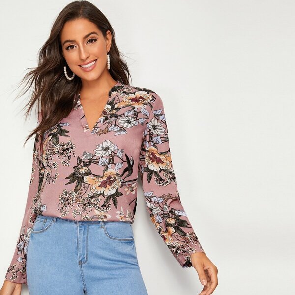 

V-neck Floral Print Blouse, Pink