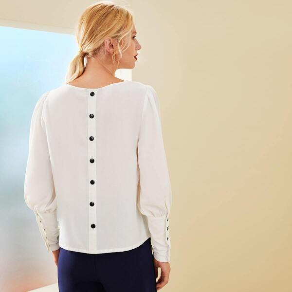 

Puff Sleeve Button Detail Solid Top, White