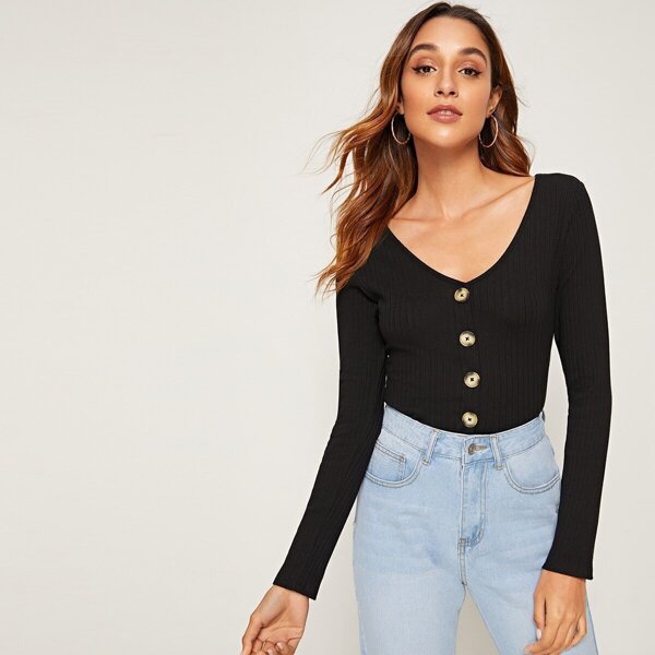

Button Front Rib-knit Fitted Tee, Black