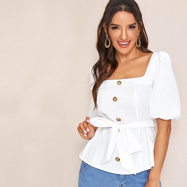

Puff Sleeve Button Detail Self Belted Top, White