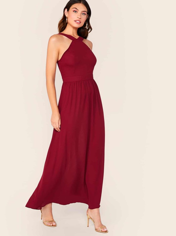 

Solid Fit and Flare Halter Dress, Burgundy, Carmen S