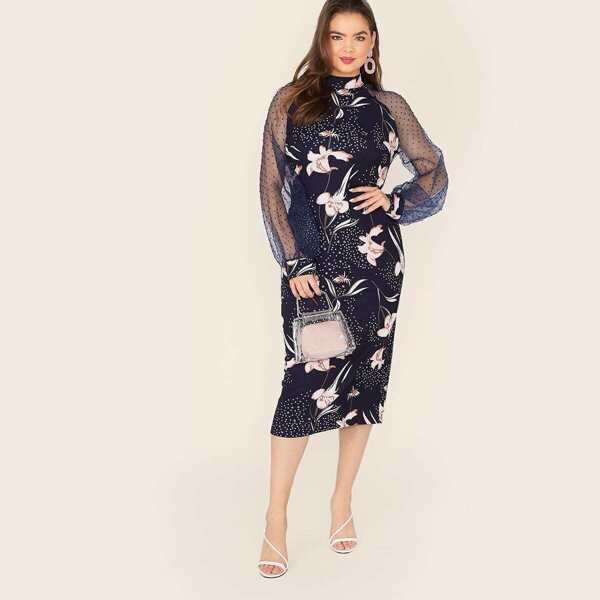 

Plus Mock Neck Mesh Raglan Sleeve Split Hem Pencil Dress, Navy