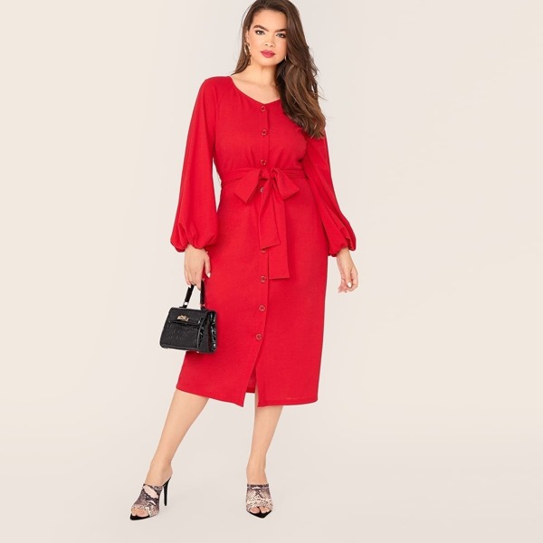 

Plus Lantern Sleeve Belted Shirt Dress, Red bright