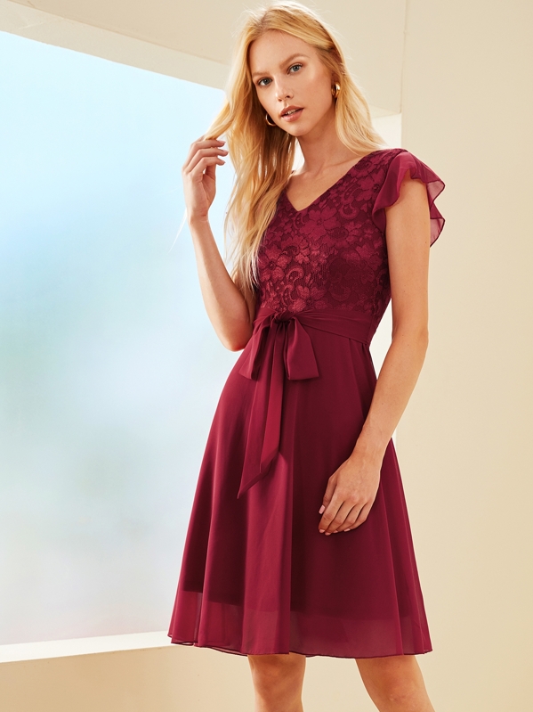 

Butterfly Sleeve Zip Back Belted Lace Dress, Burgundy, Denisa