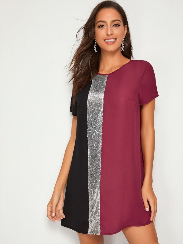 

Contrast Sequin Detail Keyhole Back Tunic Dress, Burgundy, Mary P.