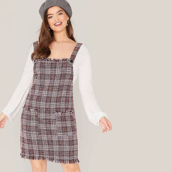 

Plus Frayed Trim Pocket Front Tweed Pinafore Dress, Multicolor