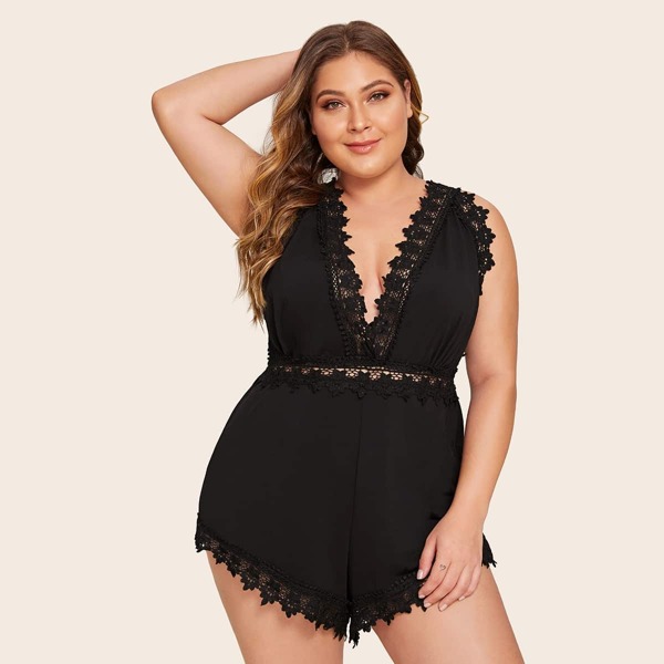 

Plus Lace Trim Open Back Romper Bodysuit, Black