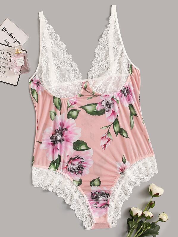 

Plus Floral Contrast Lace Teddy Bodysuit, Multicolor