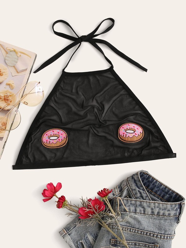 

Plus Donut Appliques Mesh Halter Bralette, Black