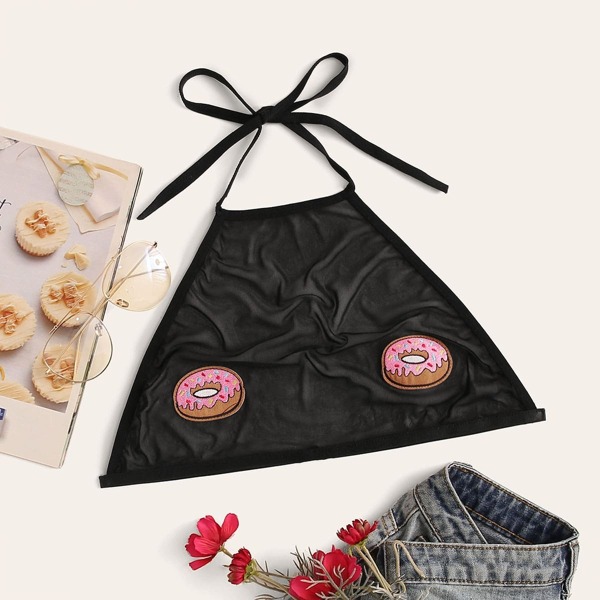 

Plus Donut Appliques Mesh Halter Bralette, Black