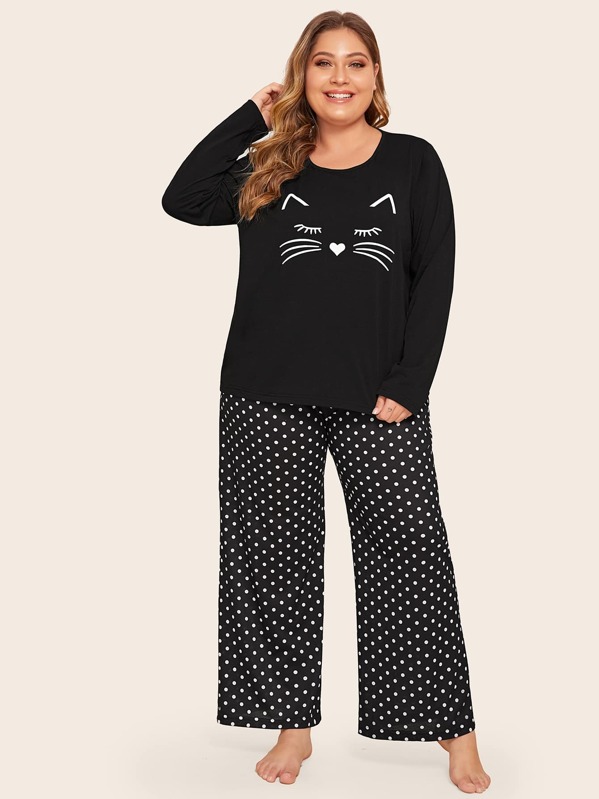

Plus Cat & Dot Print Pajama Set, Black and white, Carol