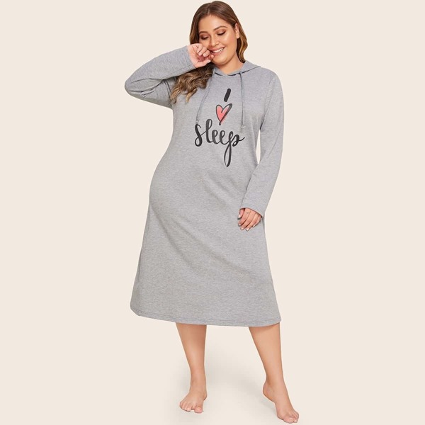 

Plus Letter Graphic Hooded Night Dress, Grey