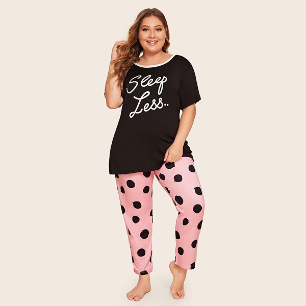 

Plus Letter & Polka Dot Print Pajama Set
