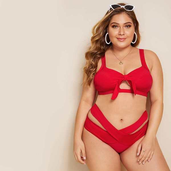 

Plus Knot Front Cut Out Bikini Set, Red