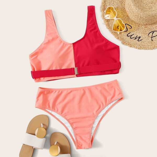 

Plus Two Tone Top With High Waist Bikini, Red