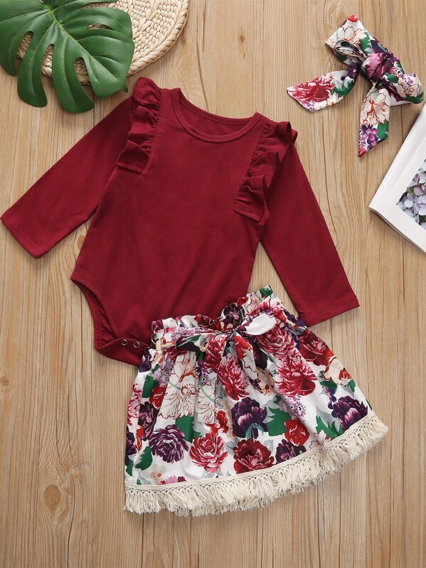 

Toddler Girls Frill Trim Jumpsuit & Floral Print Skirt & Headband, Multicolor