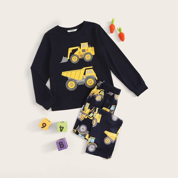 

Boys Excavator Print Top and Pants PJ Set, Navy blue