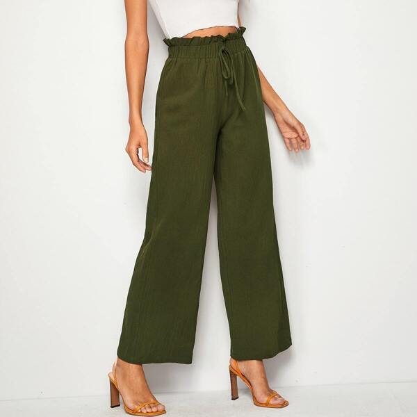 

Paperbag Waist Tie Front Wide Leg Pants, Army green