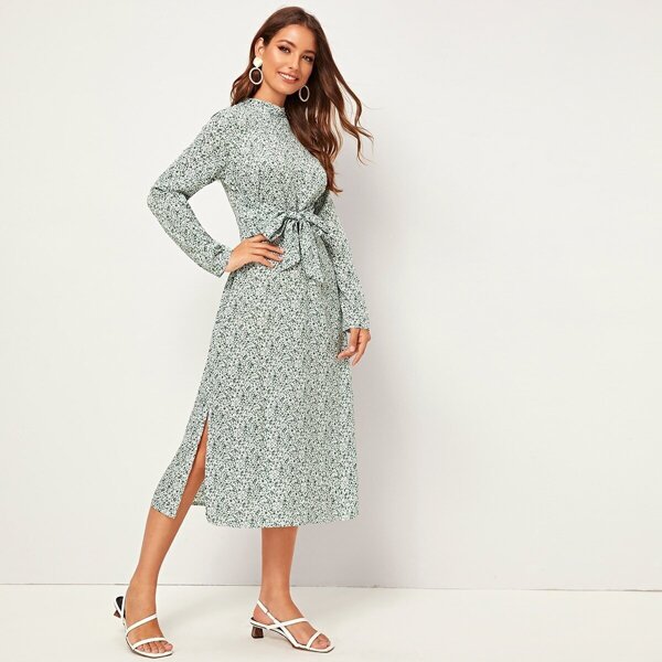

Mock Neck Tie Front Ditsy Floral Print Dress