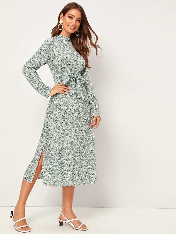

Mock Neck Tie Front Ditsy Floral Print Dress, Green, Debi Cruz