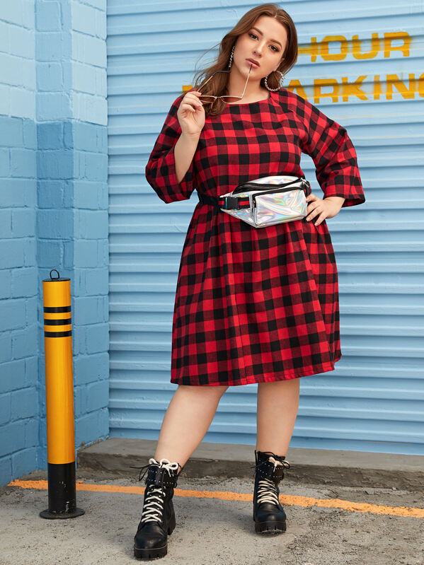 

Plus Raglan Sleeve Buffalo Plaid Smock Dress Without Bag, Red, Ray