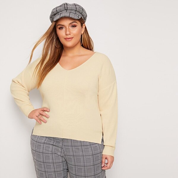 

Plus V-neck Solid High Low Jumper, Beige