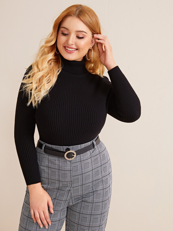 

Plus Turtleneck Slim Fit Solid Sweater, Black, Nora