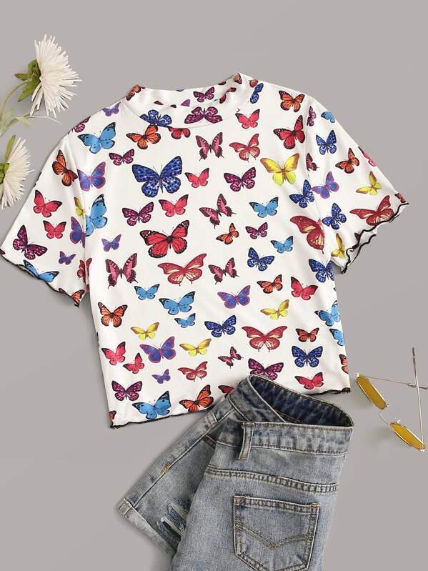 

Allover Butterfly Print Crop Tee, White