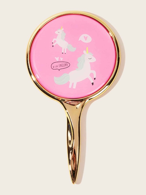 

Portable Unicorn Pattern Mirror With Handle, Pink